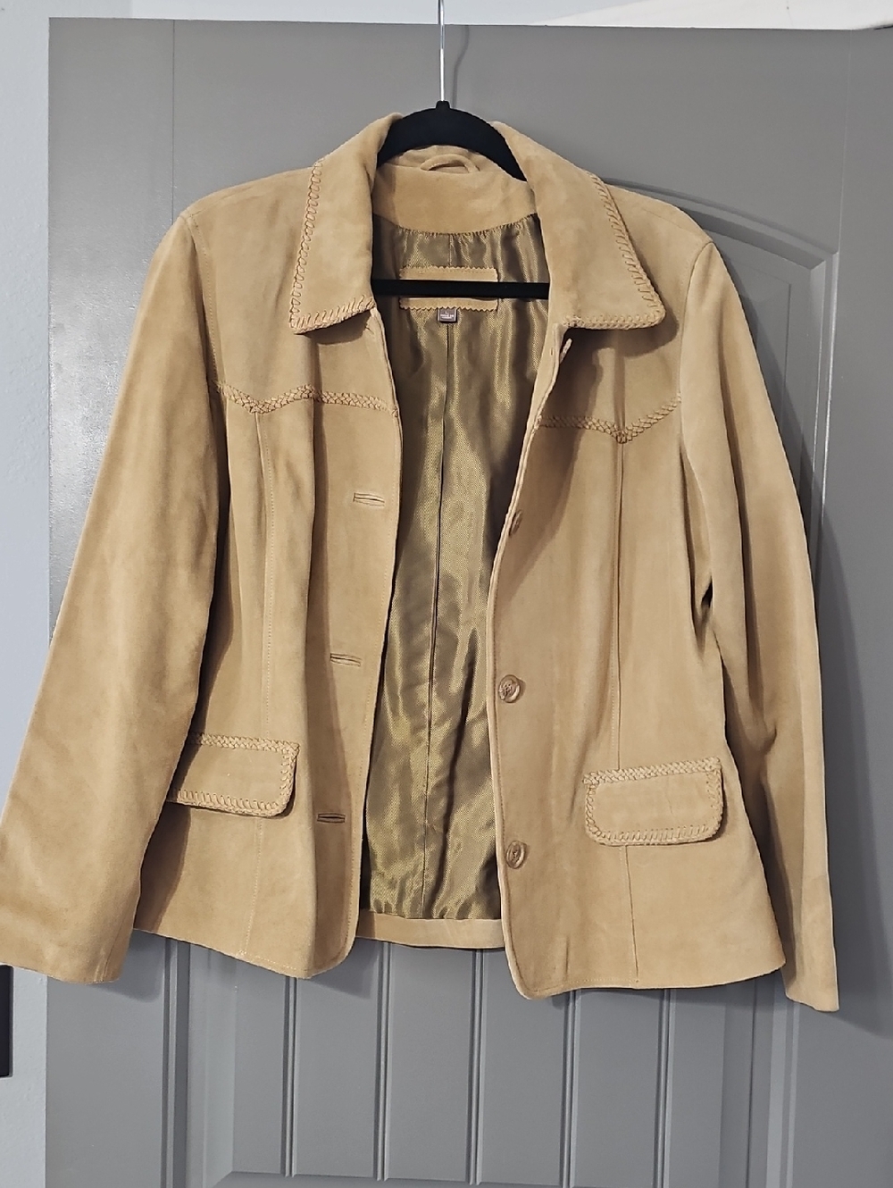 Women’s Suede Jacket in Beige - Braided Trim Button Front (A)
